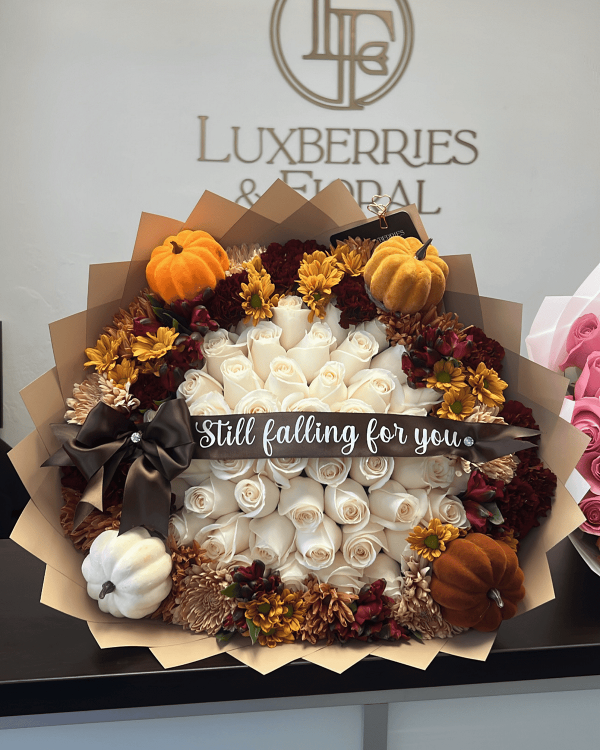 Harvest Pumpkin & White Rose Bouquet - Luxberries & Floral