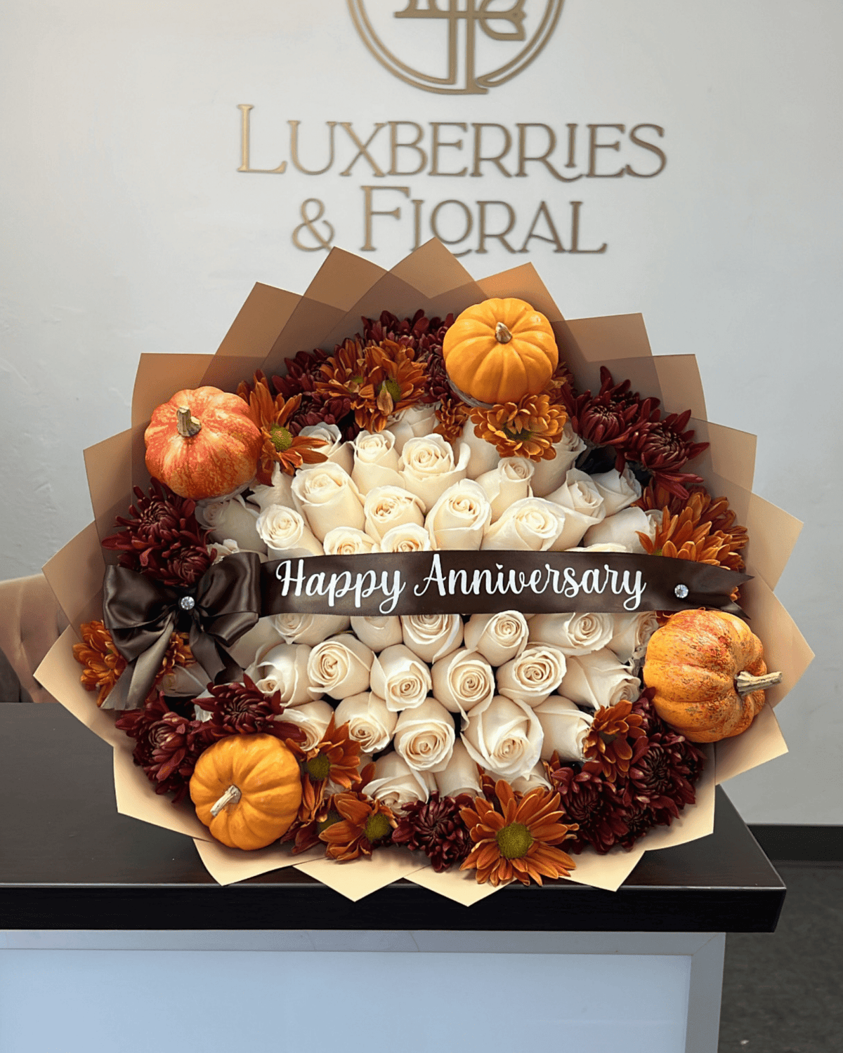 Harvest Pumpkin & White Rose Bouquet - Luxberries & Floral