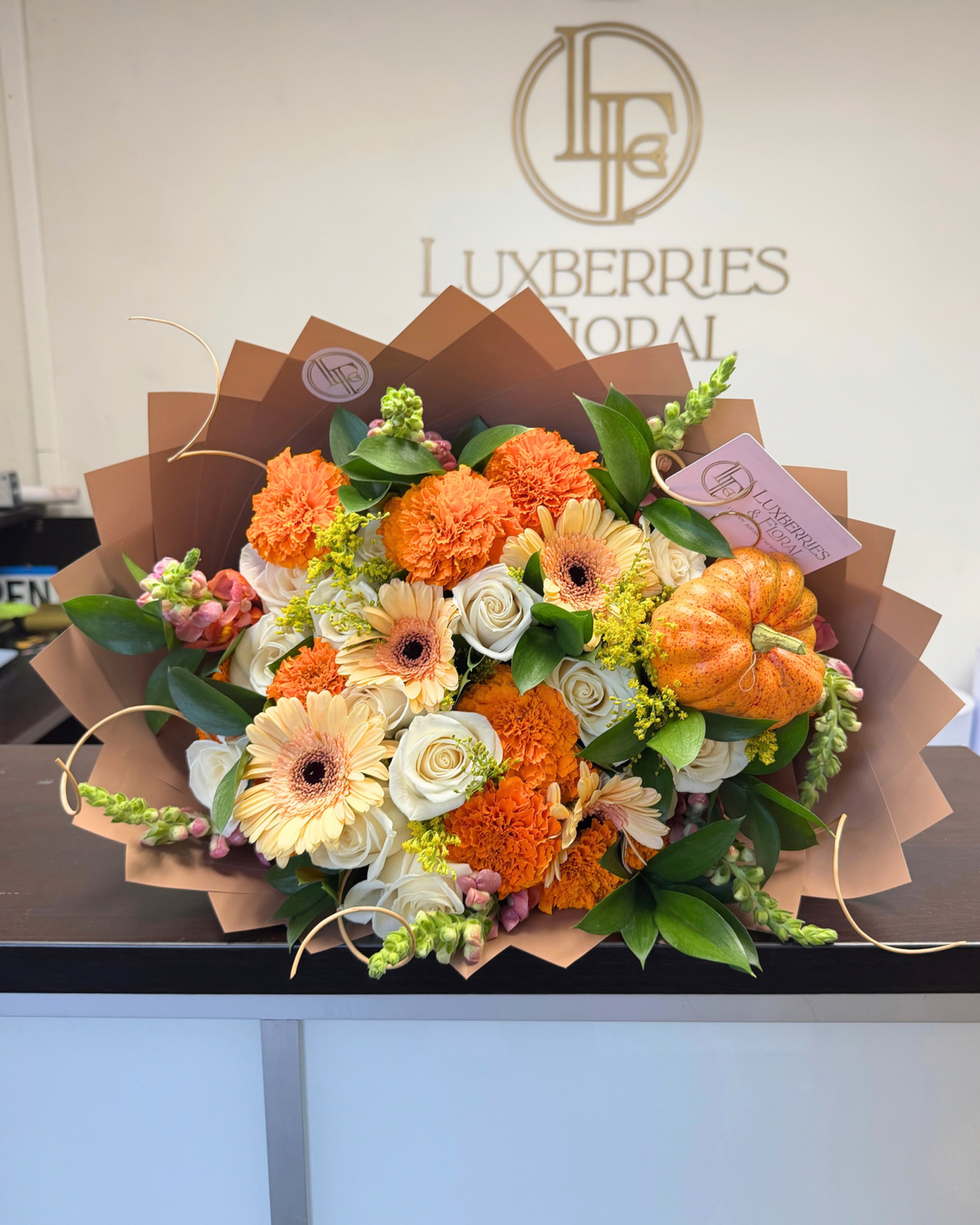 Marigold & White Rose Fall Bouquet - Luxberries & Floral