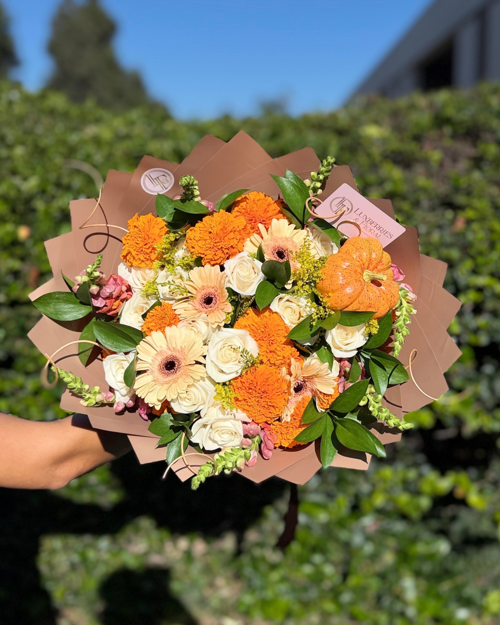 Marigold & White Rose Fall Bouquet - Luxberries & Floral