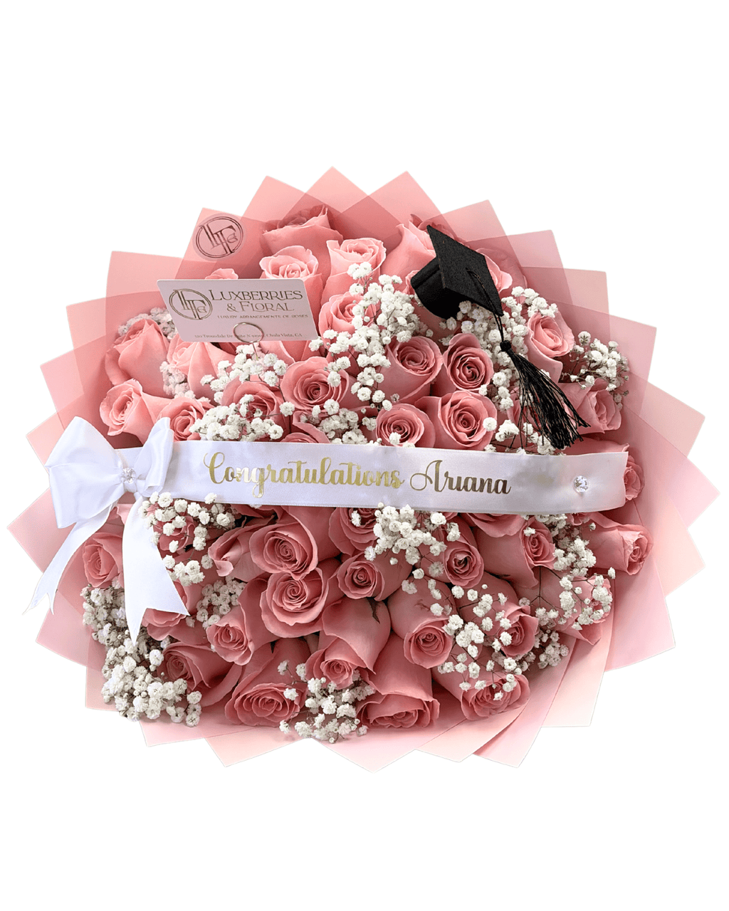 Pink Rose & Baby's Breath Graduation Bouquet - Luxberries & Floral