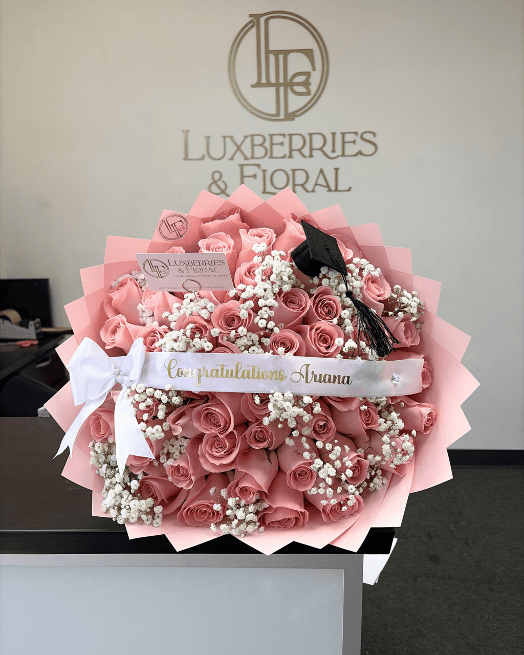 Pink Rose & Baby's Breath Graduation Bouquet - Luxberries & Floral