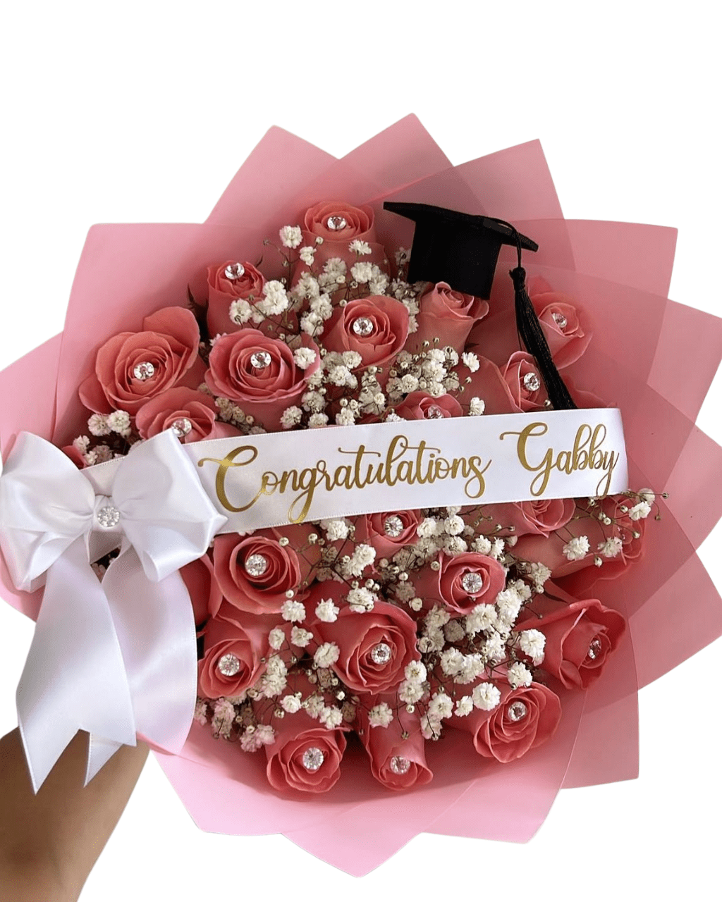 Pink Rose & Baby's Breath Graduation Bouquet - Luxberries & Floral