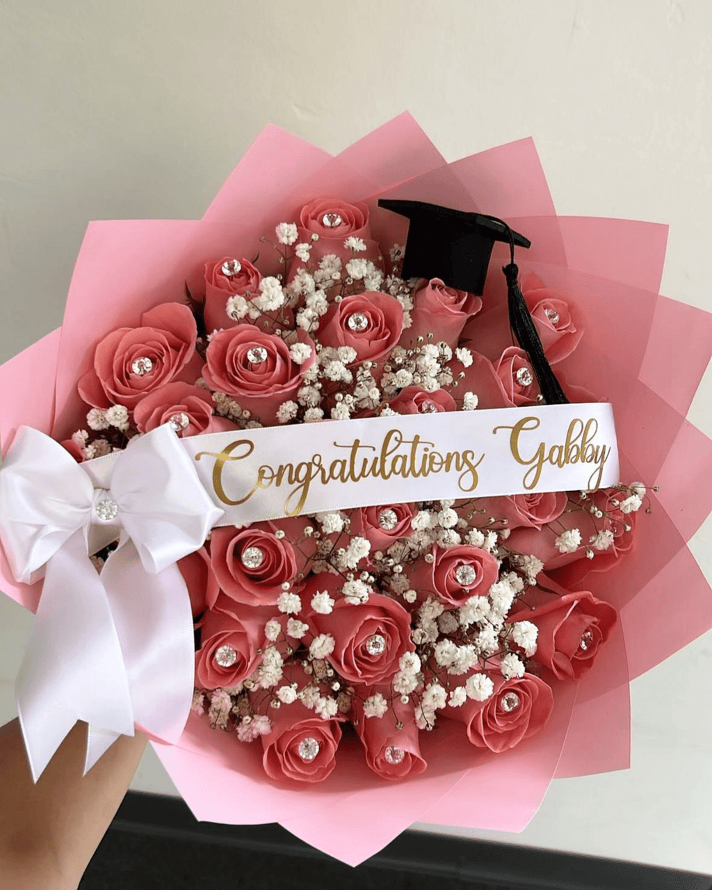 Pink Rose & Baby's Breath Graduation Bouquet - Luxberries & Floral
