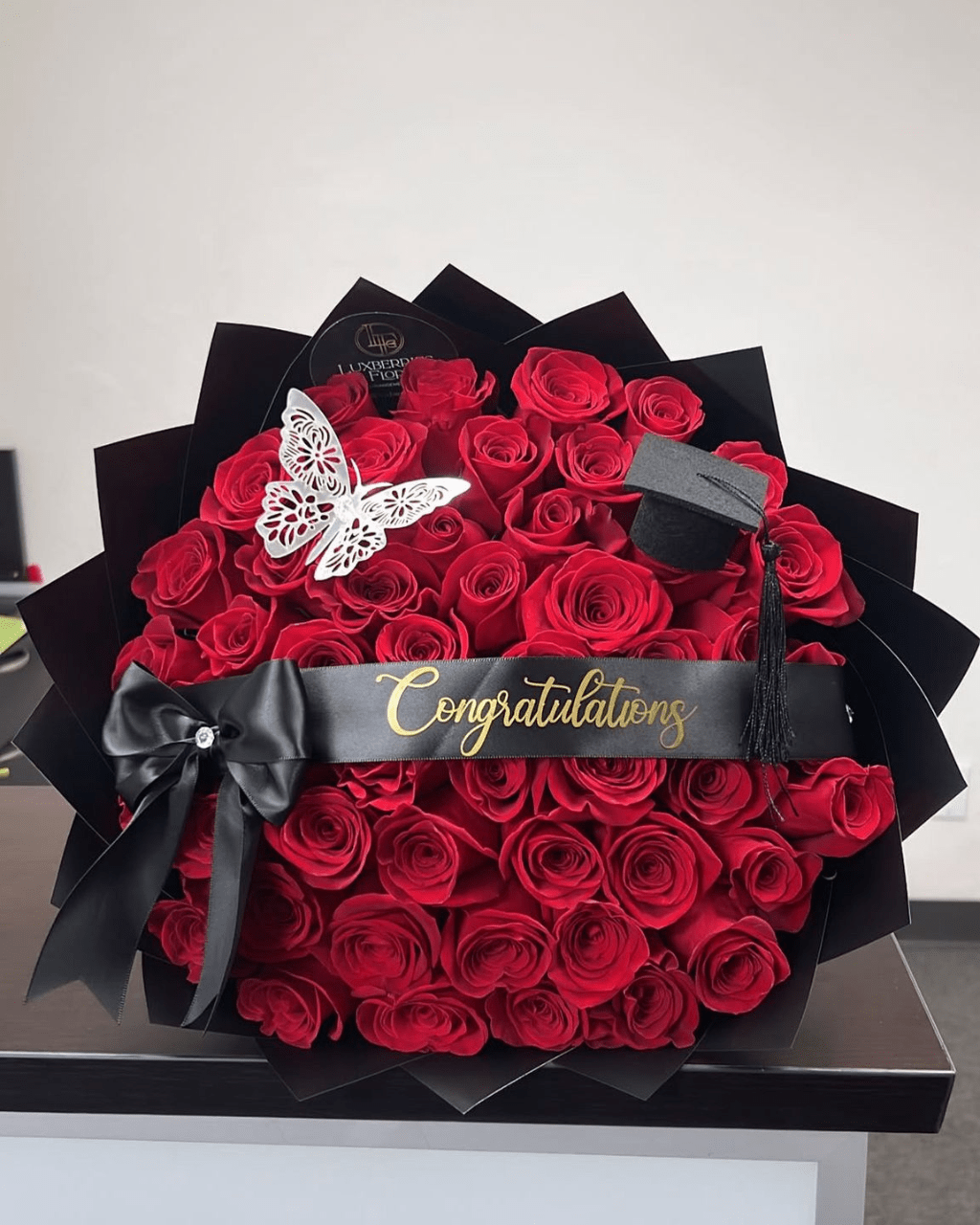 Red Rose Butterfly & Cap Graduation Bouquet - Luxberries & Floral