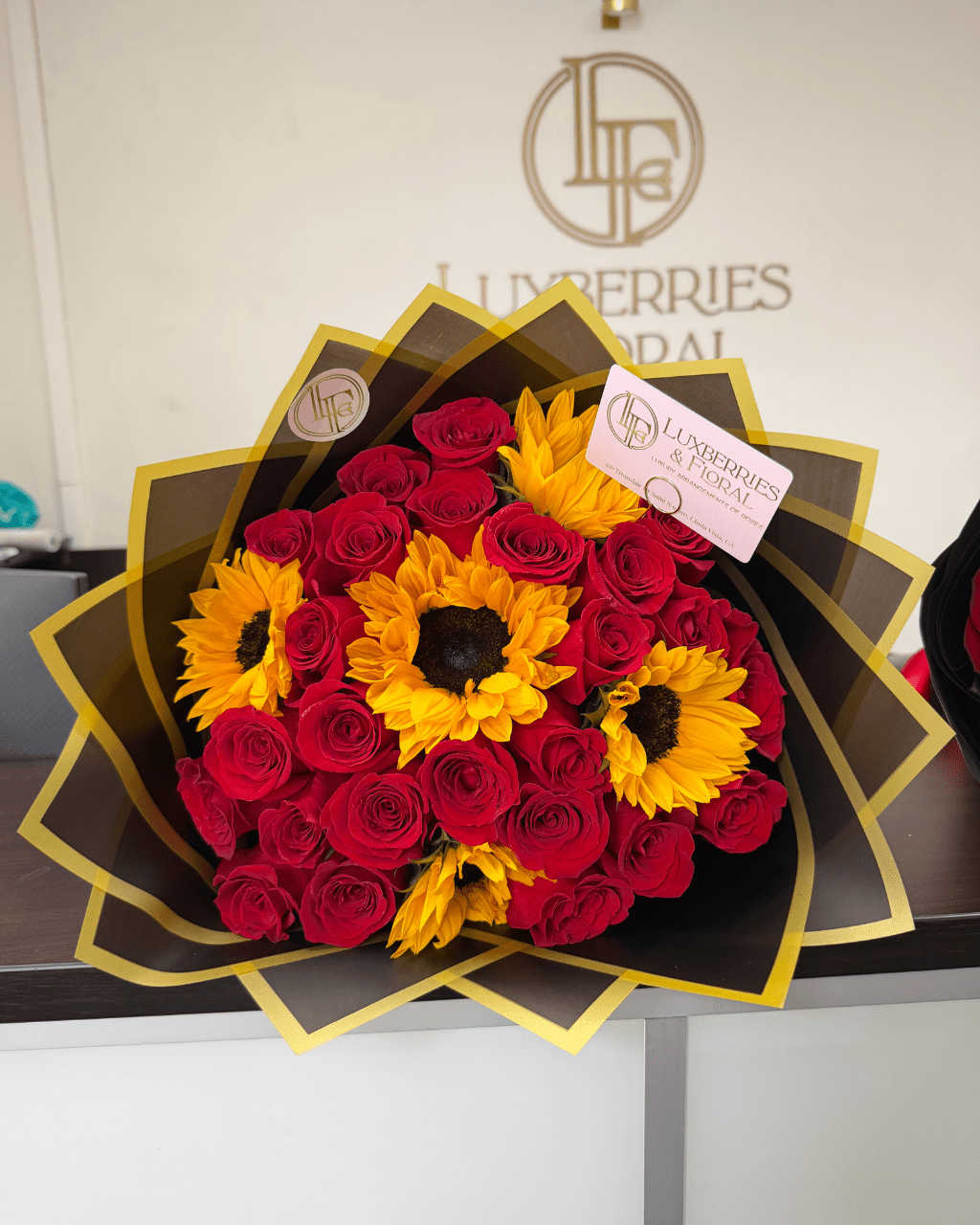 Red Rose & Sunflower Bouquet - Luxberries & Floral