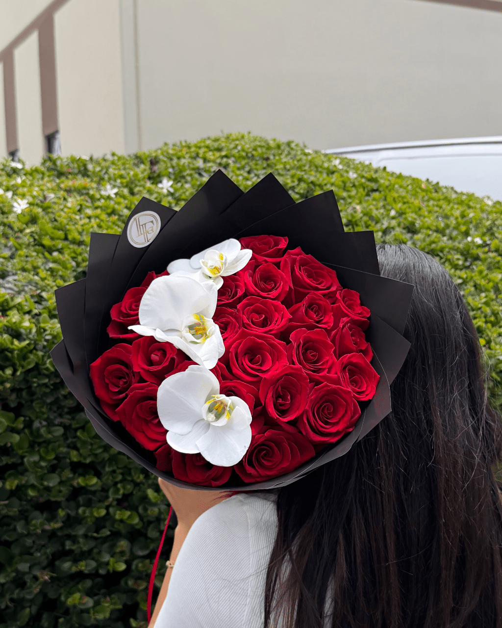 Red Rose & White Orchid Bouquet - Luxberries & Floral