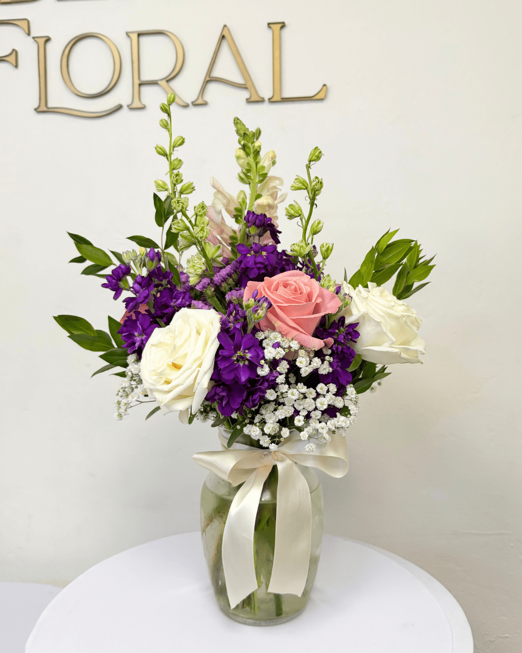 Rose & Purple Stock Garden Vase Arrangement - Luxberries & Floral