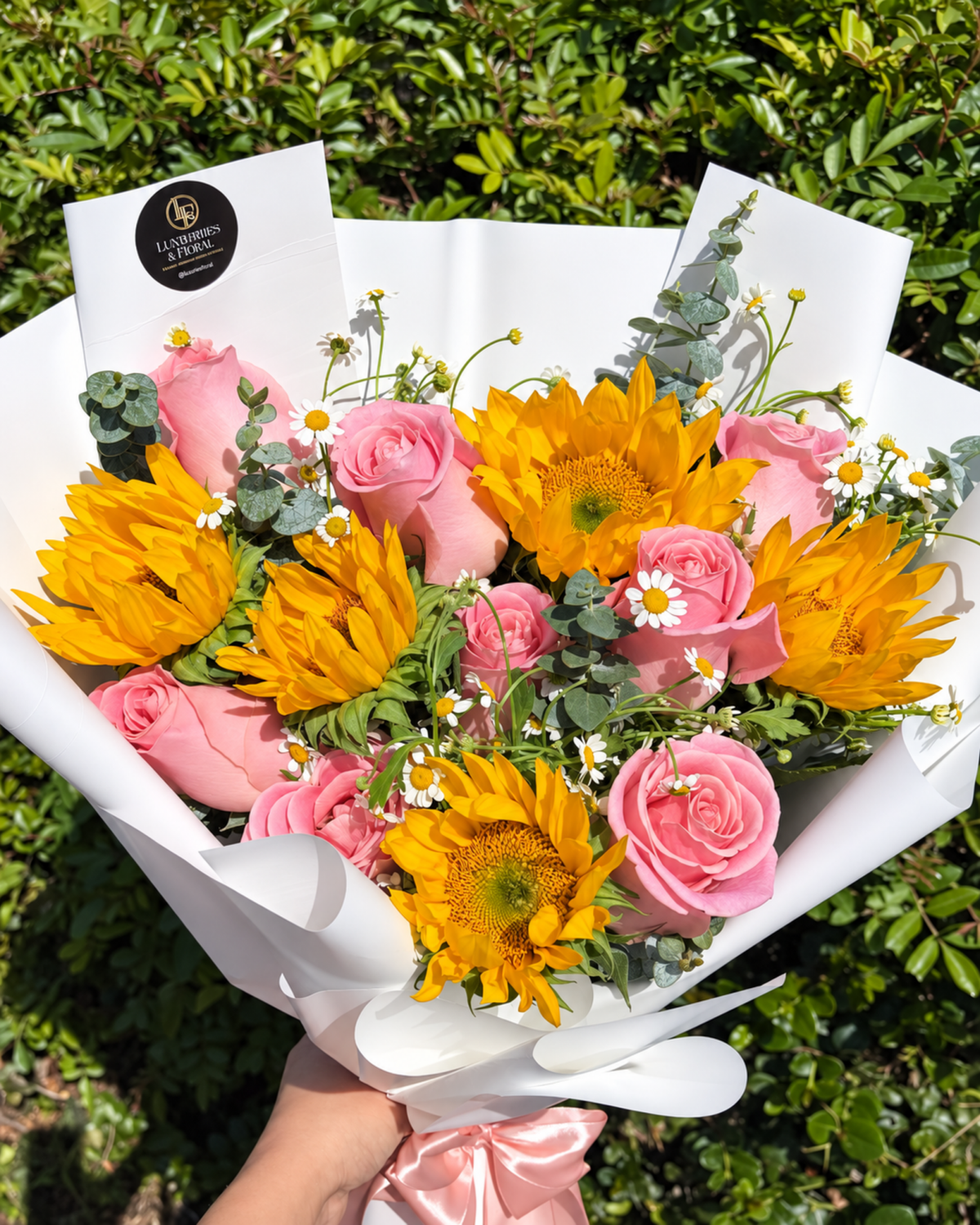 Sunflower & Pink Rose Hand-Tied Bouquet - Luxberries & Floral