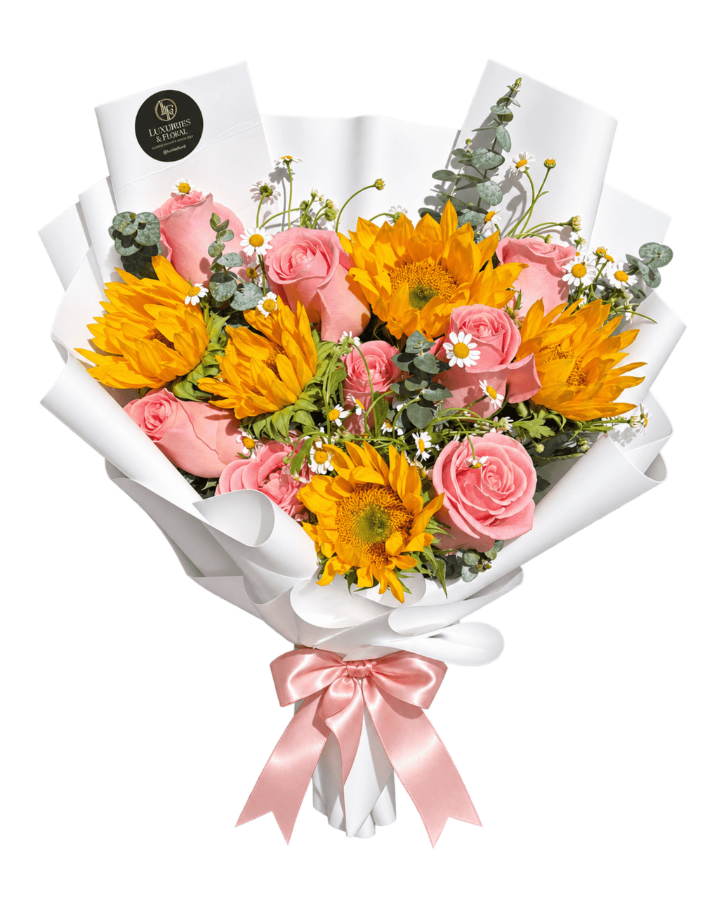 Sunflower & Pink Rose Hand-Tied Bouquet - Luxberries & Floral