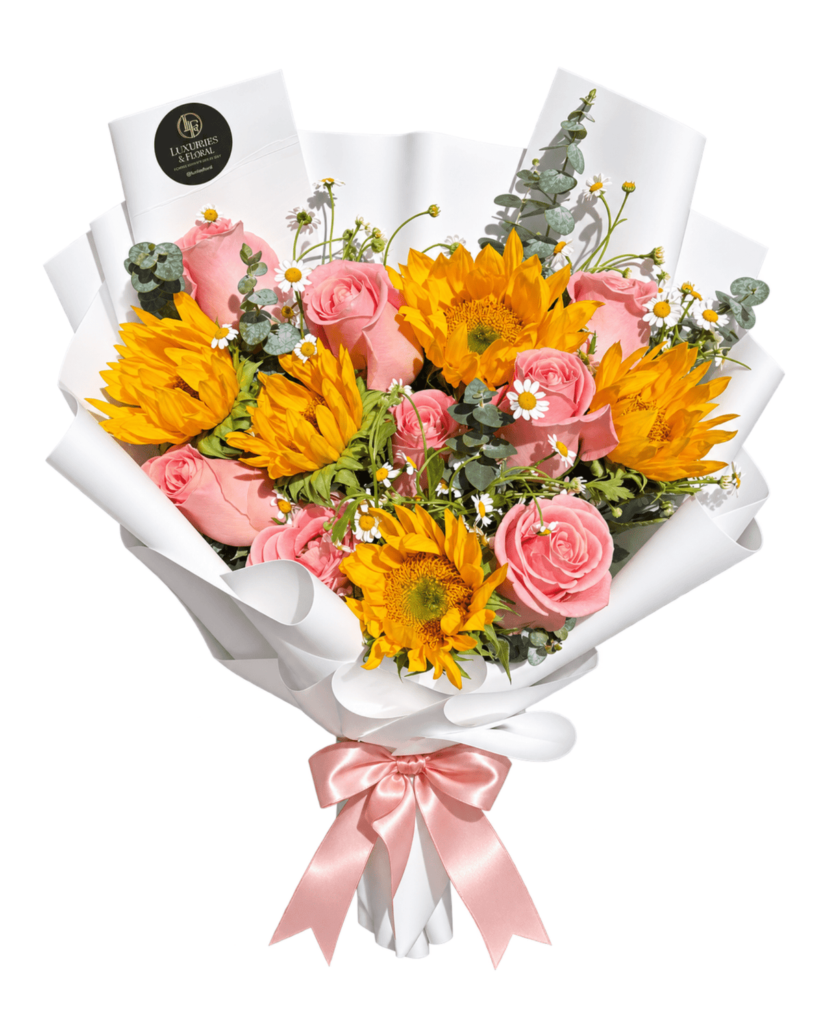 Sunflower & Pink Rose Hand-Tied Bouquet - Luxberries & Floral
