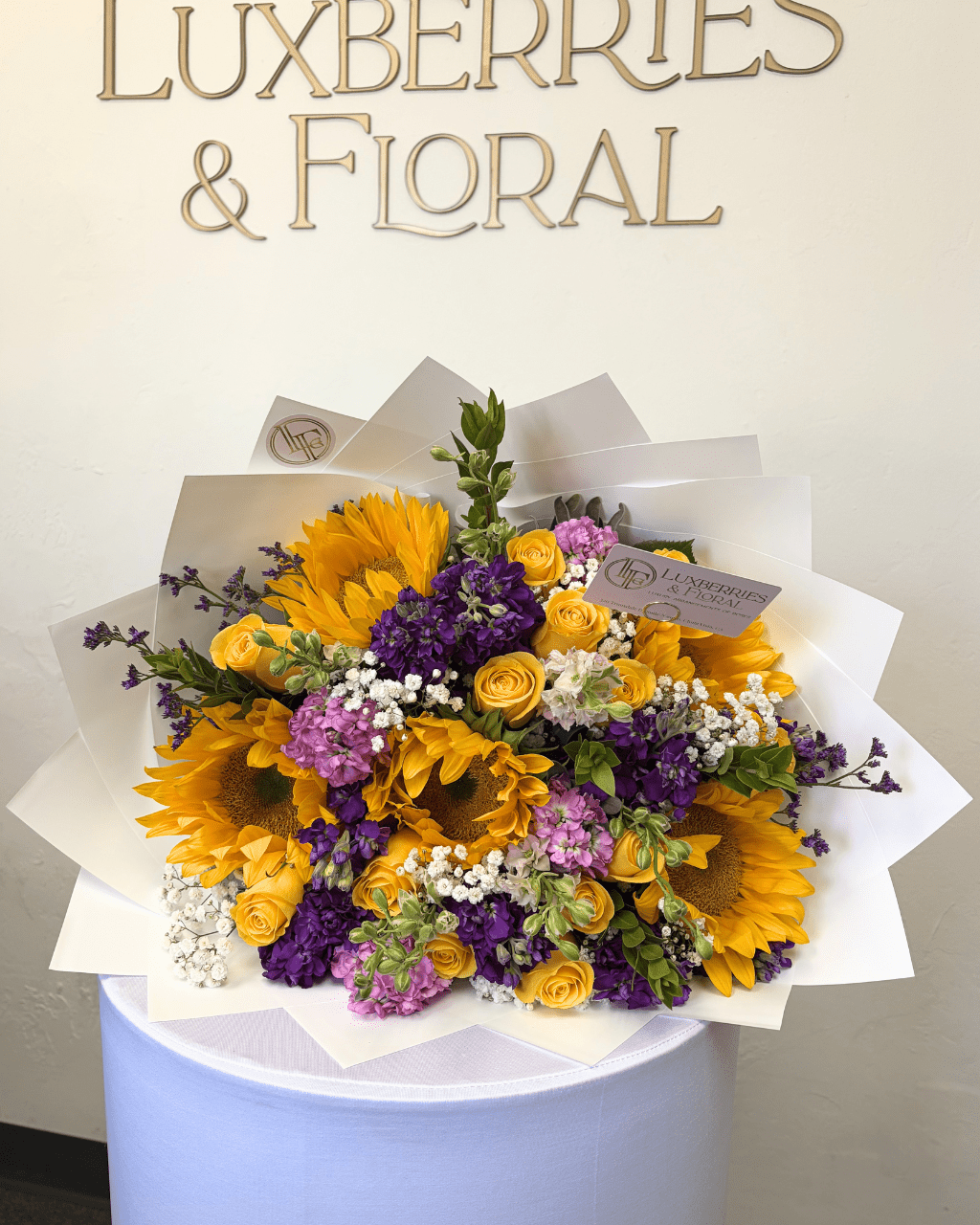 Sunflower, Yellow Rose & Purple Stock Bouquet - Luxberries & Floral