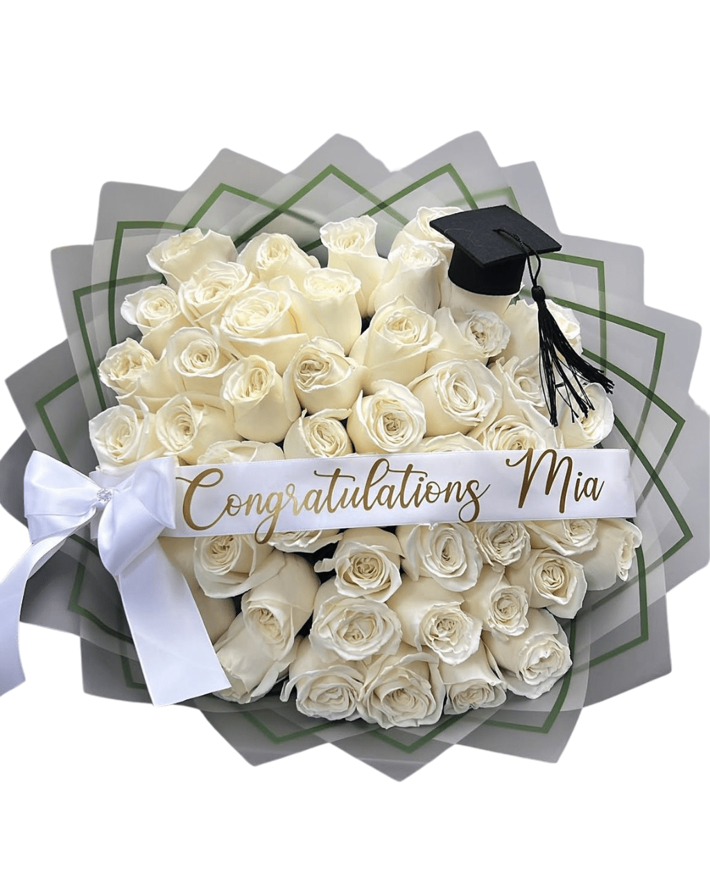 White Rose Graduation Bouquet with Cap - Luxberries & Floral