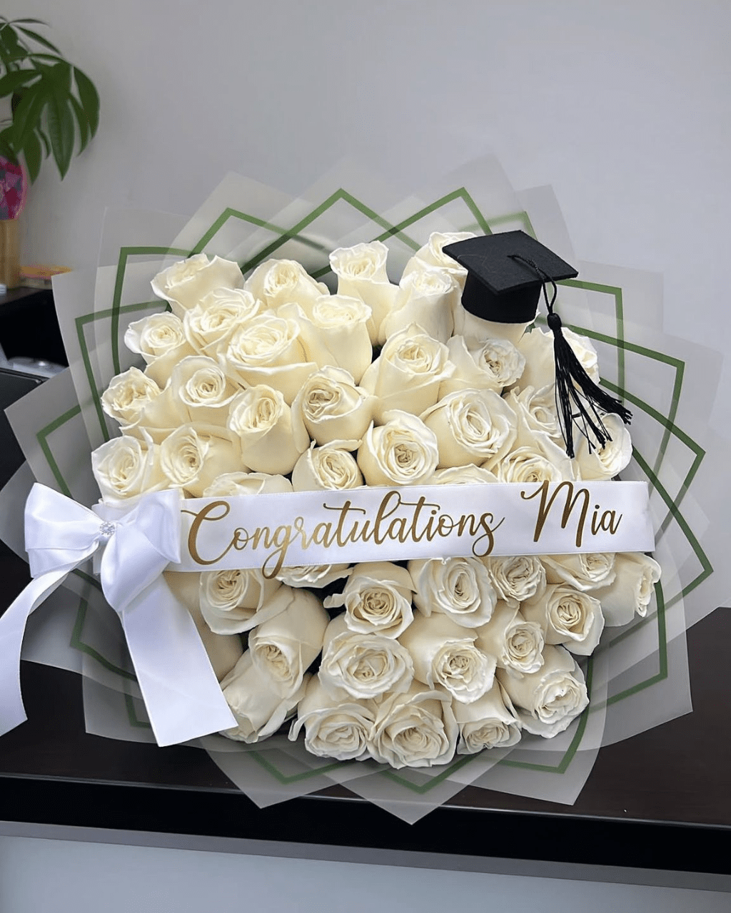 White Rose Graduation Bouquet with Cap - Luxberries & Floral