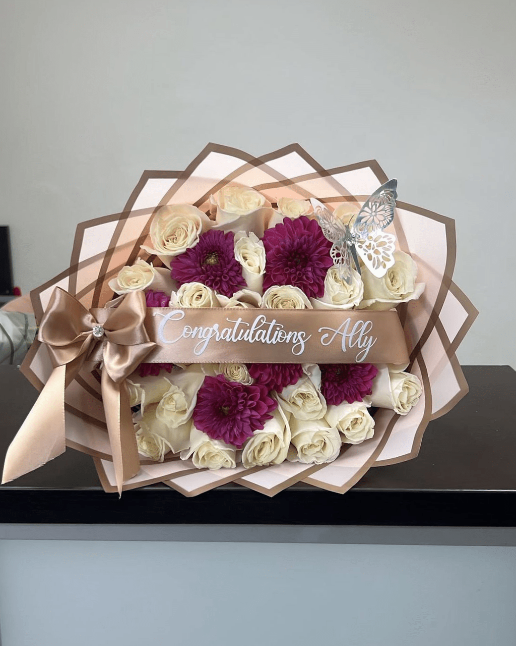 White Rose & Purple Gerbera Butterfly Graduation Bouquet - Luxberries & Floral