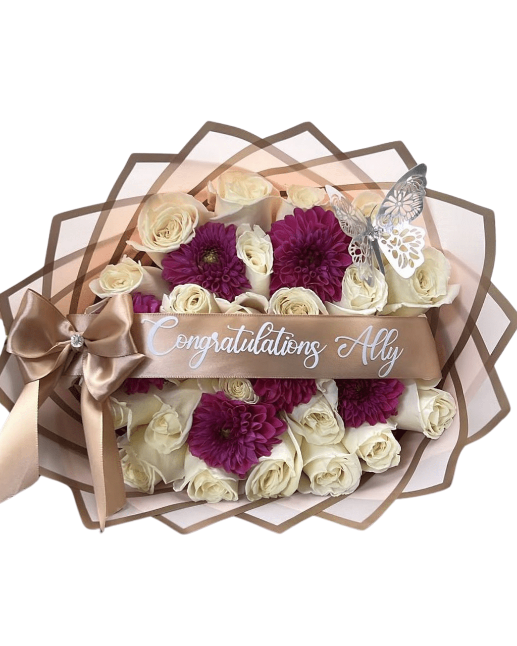 White Rose & Purple Gerbera Butterfly Graduation Bouquet - Luxberries & Floral