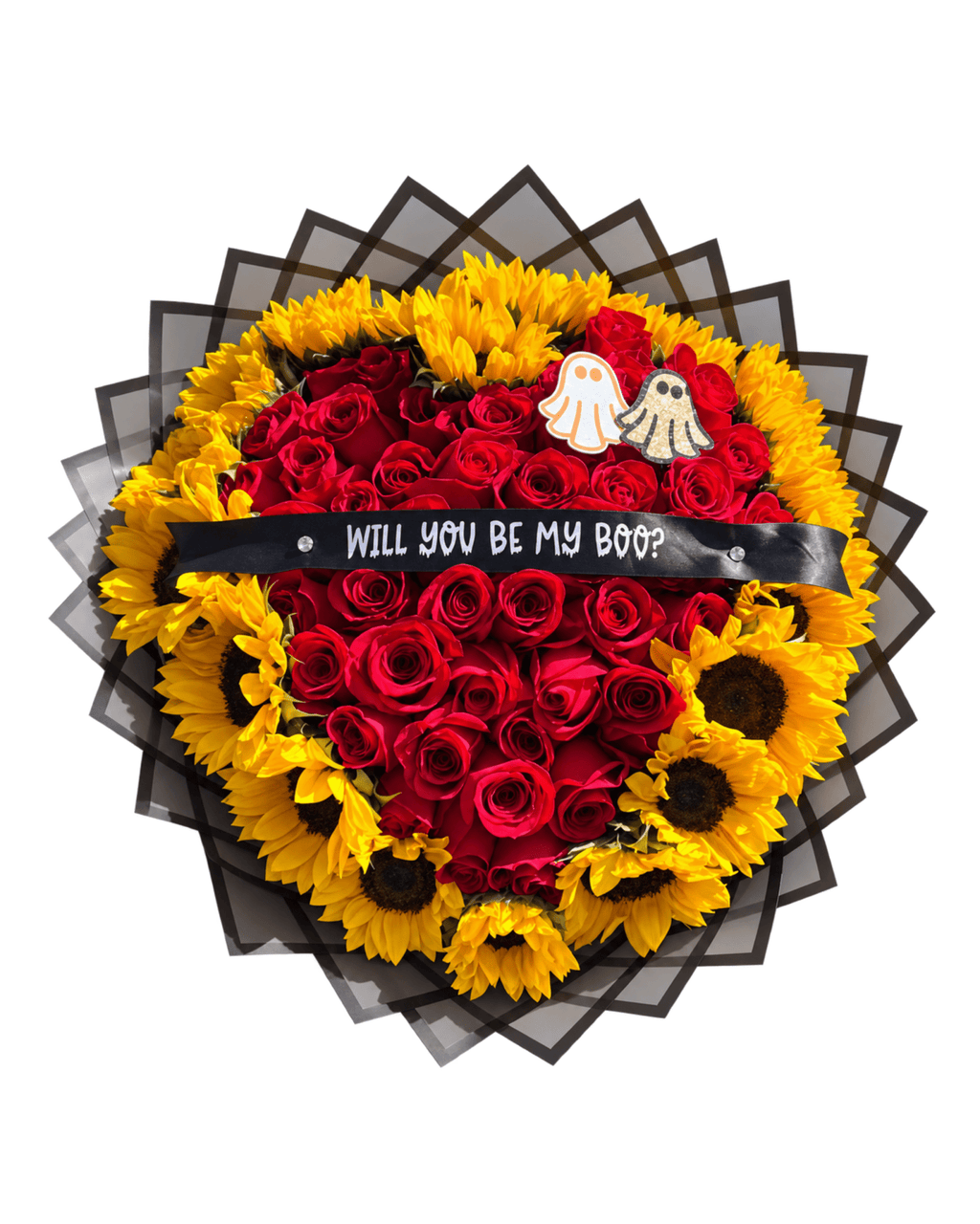 "Will You Be My Boo" Red Rose & Sunflower Heart Bouquet - Luxberries & Floral