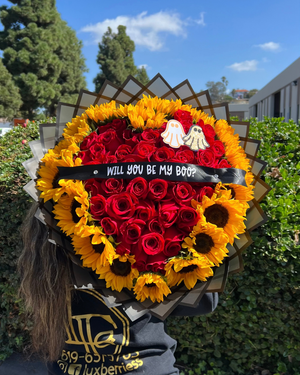 "Will You Be My Boo" Red Rose & Sunflower Heart Bouquet - Luxberries & Floral