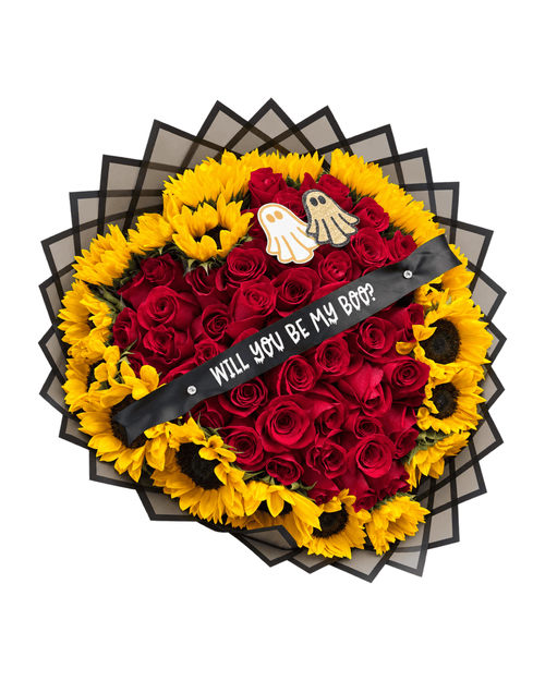 "Will You Be My Boo" Red Rose & Sunflower Heart Bouquet - Luxberries & Floral